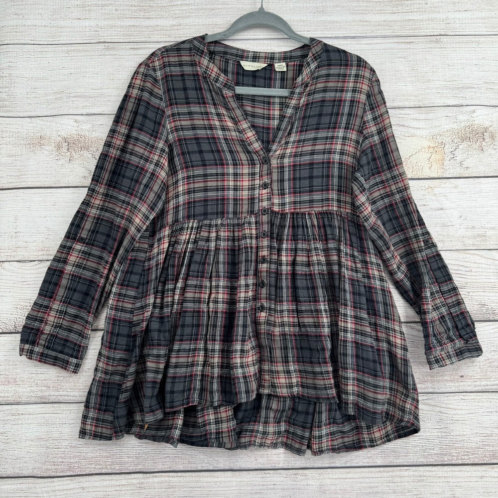 11.1 TYLHO Babydoll Blouse Women Small Grey Plaid Button Front Roll Tab T056T